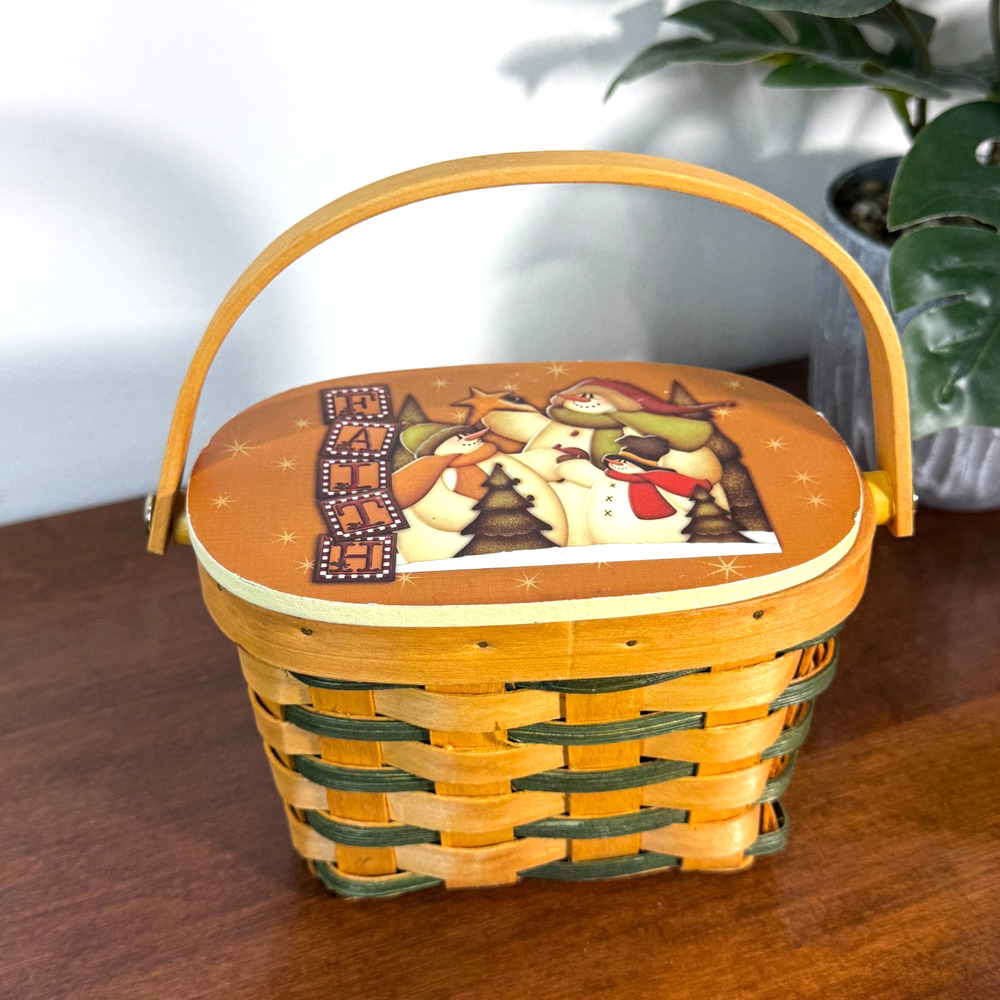 Woven Basket with Wooden Lid and Handle Faith Snowman 3.5x6 Small
